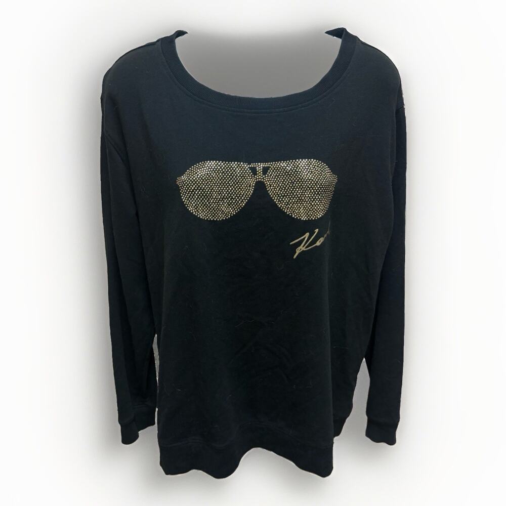 Karl Lagerfeld Paris Womens L Black Rhinestone Sunglasses Sweatshirt Pullover